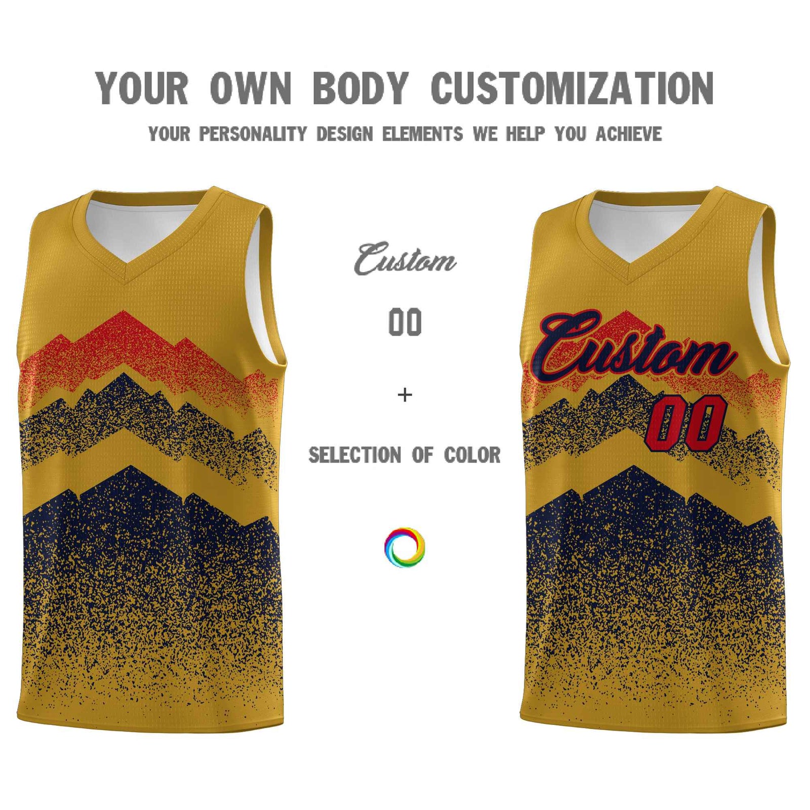 Personalized Youth Basketball Jerseys   Old Gold Navy Gradient Mountain Design Uniforms