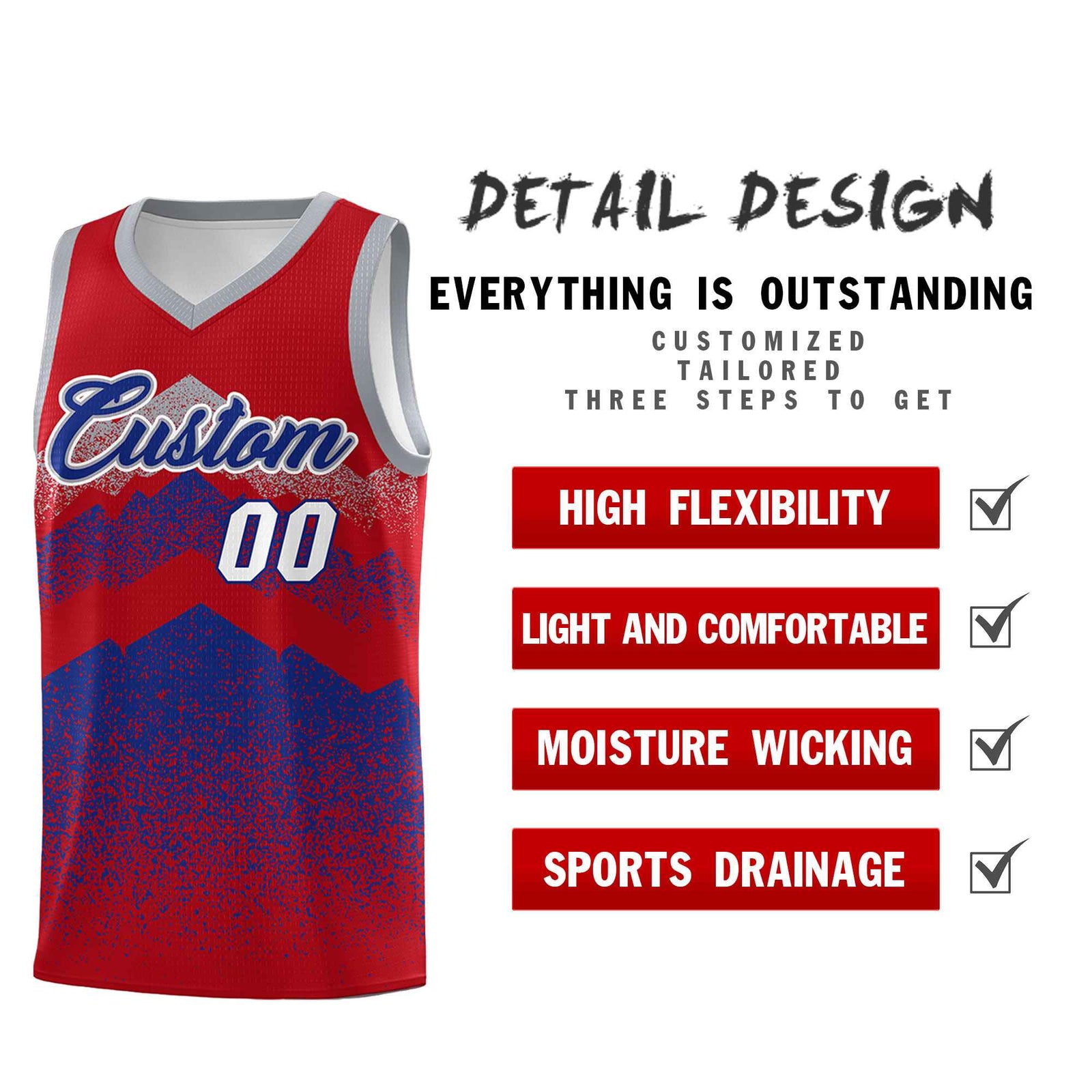 Custom Youth Basketball Jerseys Red Royal Gradient Mountain Design Uniforms