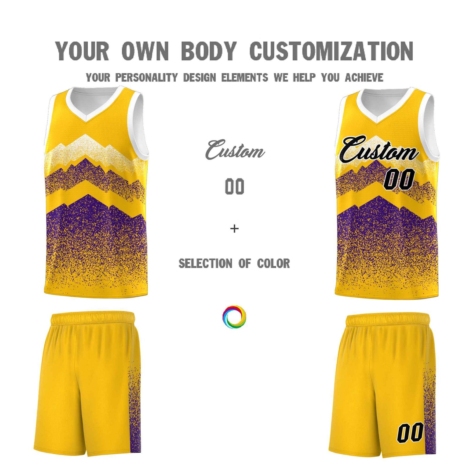 Custom Youth Basketball Jerseys Gold Purple Gradient Mountain Design Uniforms