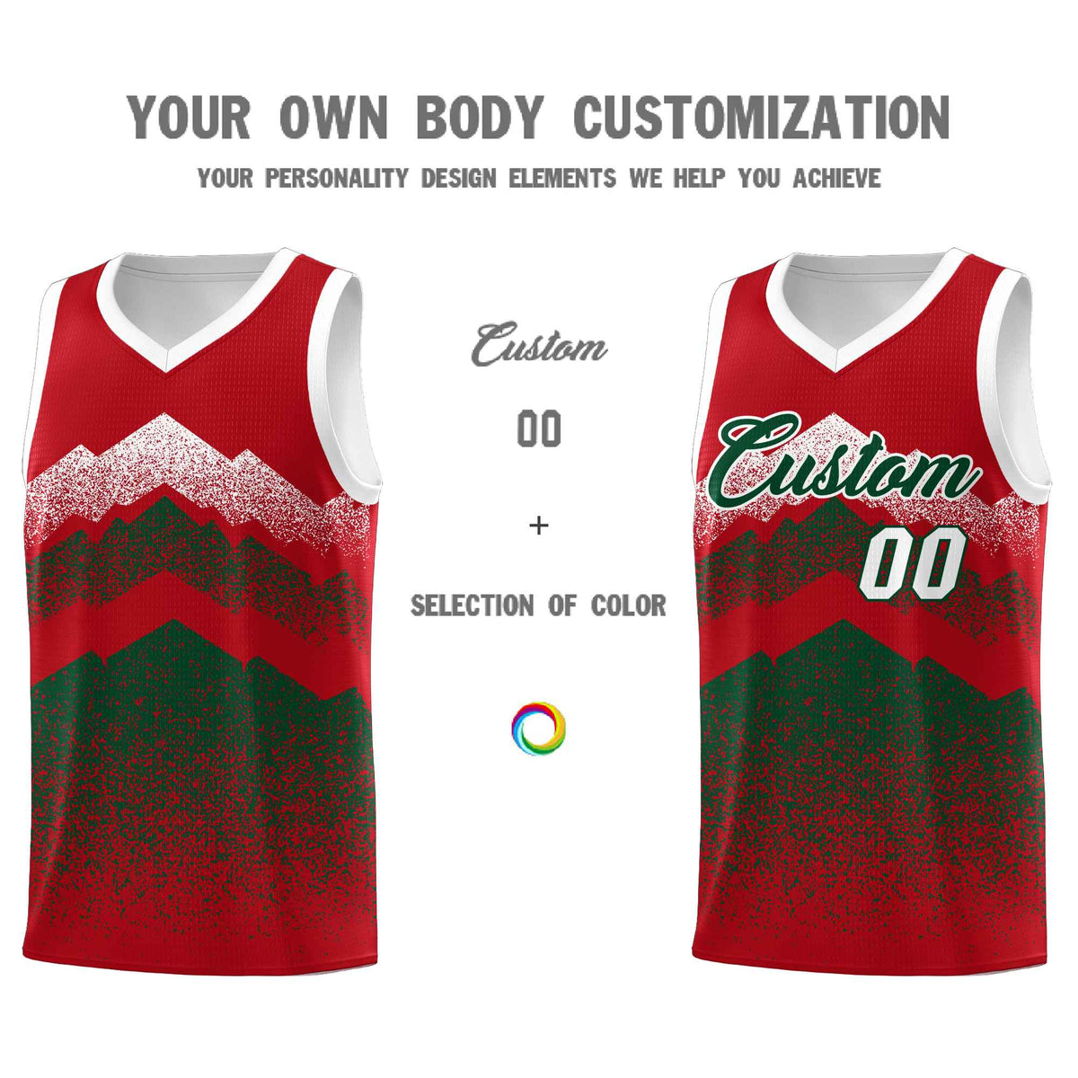 Custom Youth Basketball Jerseys Red Green Gradient Mountain Design Uniforms