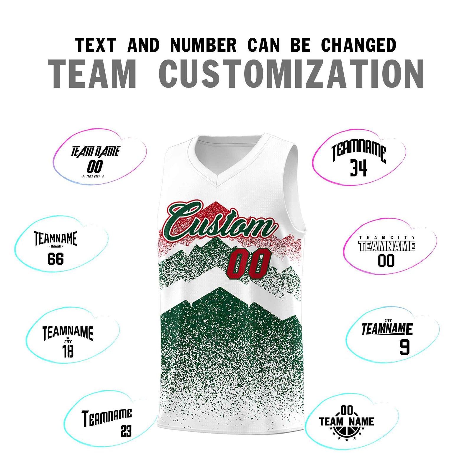 Custom Youth Basketball Jerseys White Green Gradient Mountain Design Uniforms