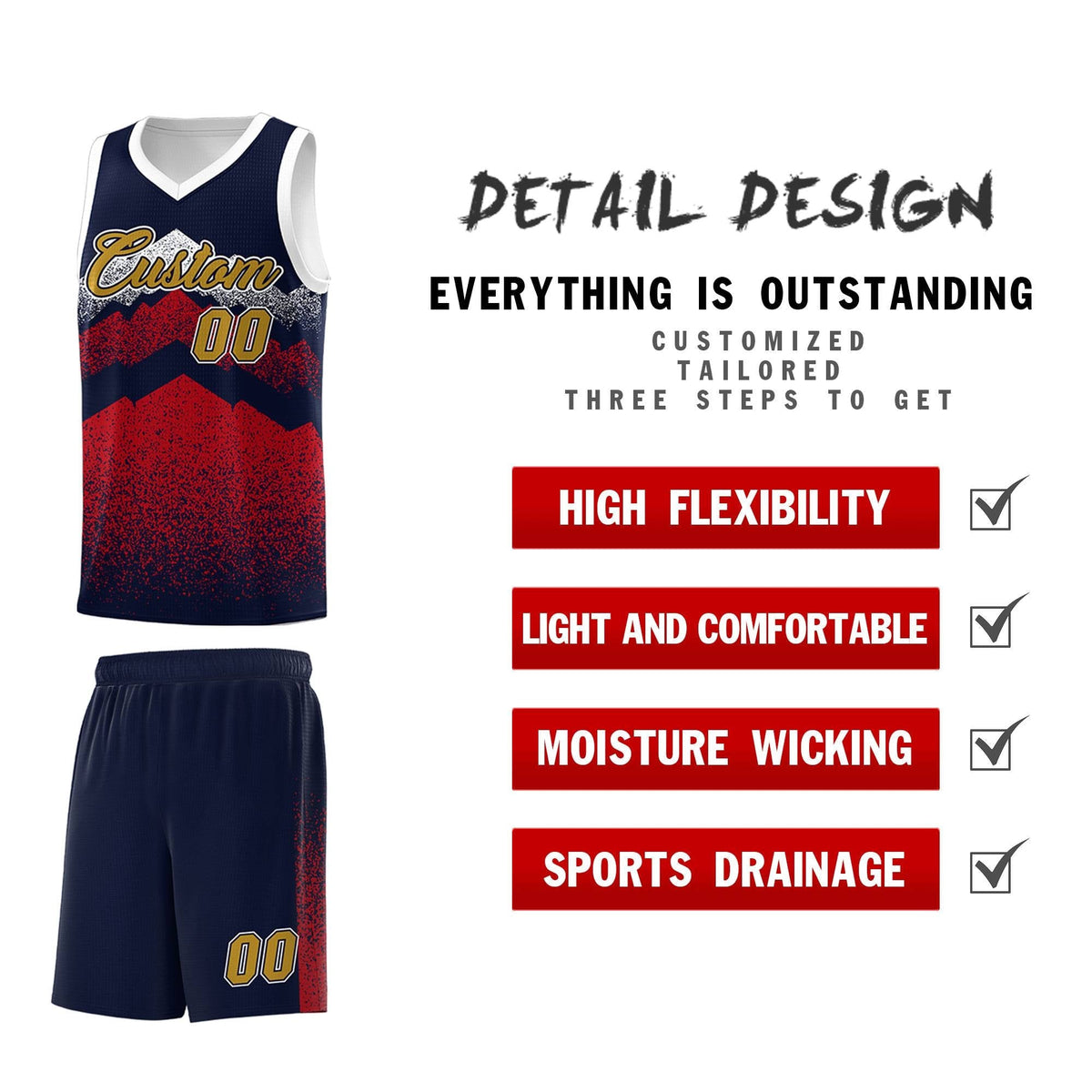 Personalized Youth Basketball Jerseys   Navy Red Gradient Mountain Design Uniforms