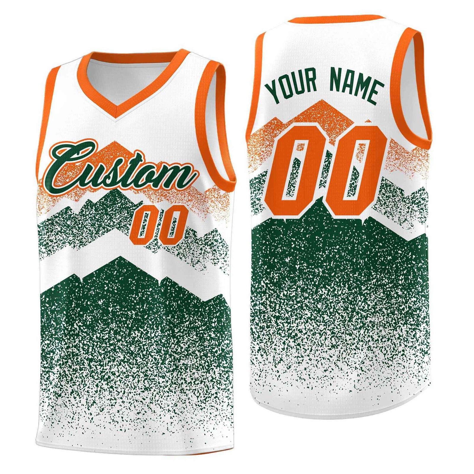 Custom Youth Basketball Jerseys White Green Gradient Mountain Design Uniforms