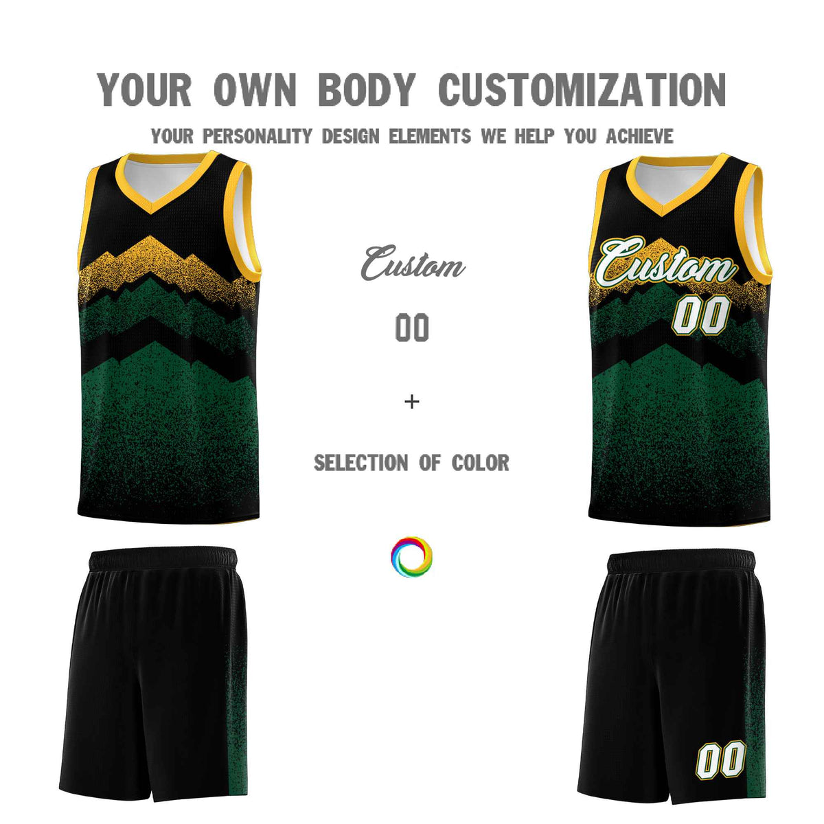 Custom Youth Basketball Jerseys Black Green Gradient Mountain Design Uniforms