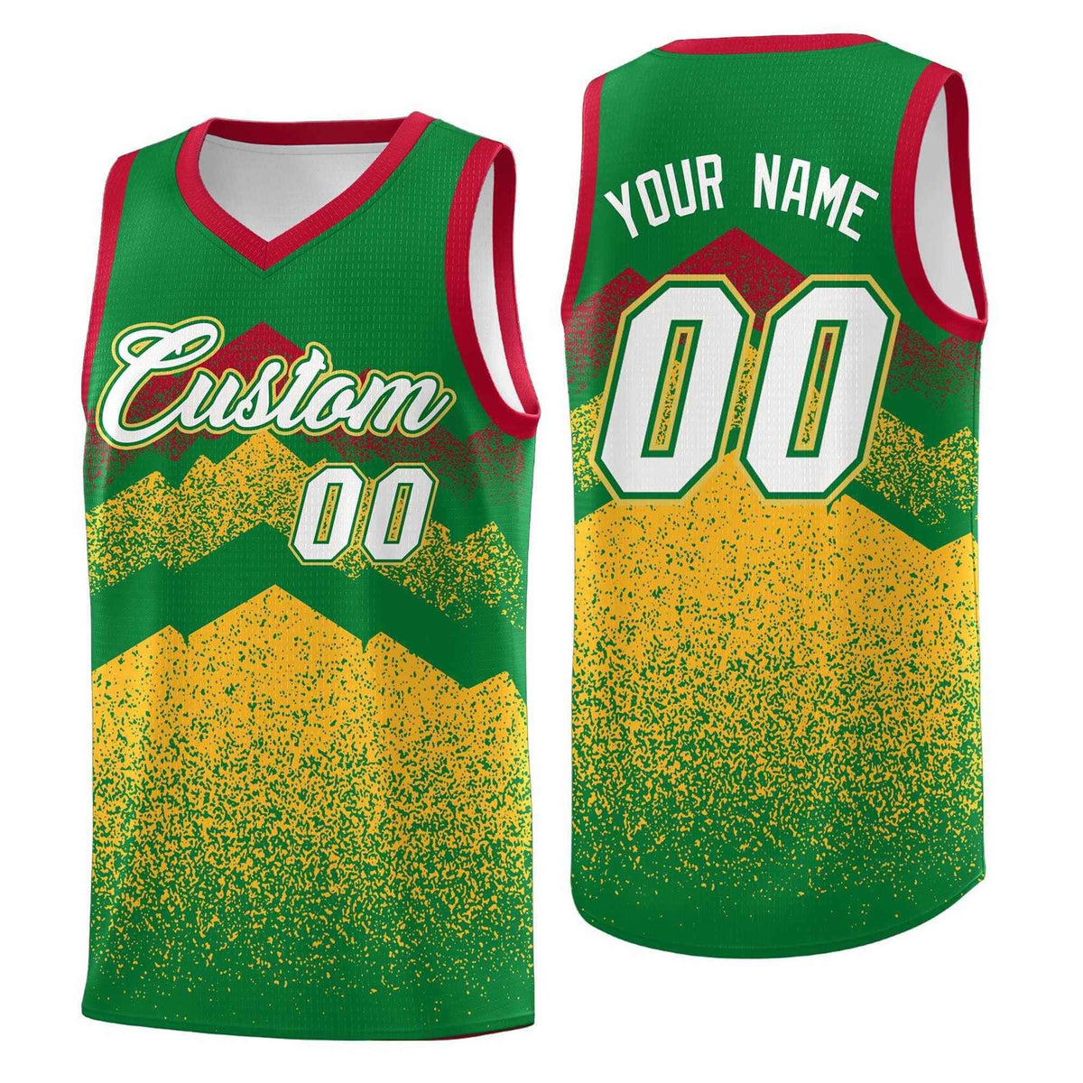 Custom Youth Basketball Jerseys Kelly Green Gold Gradient Mountain Design Uniforms