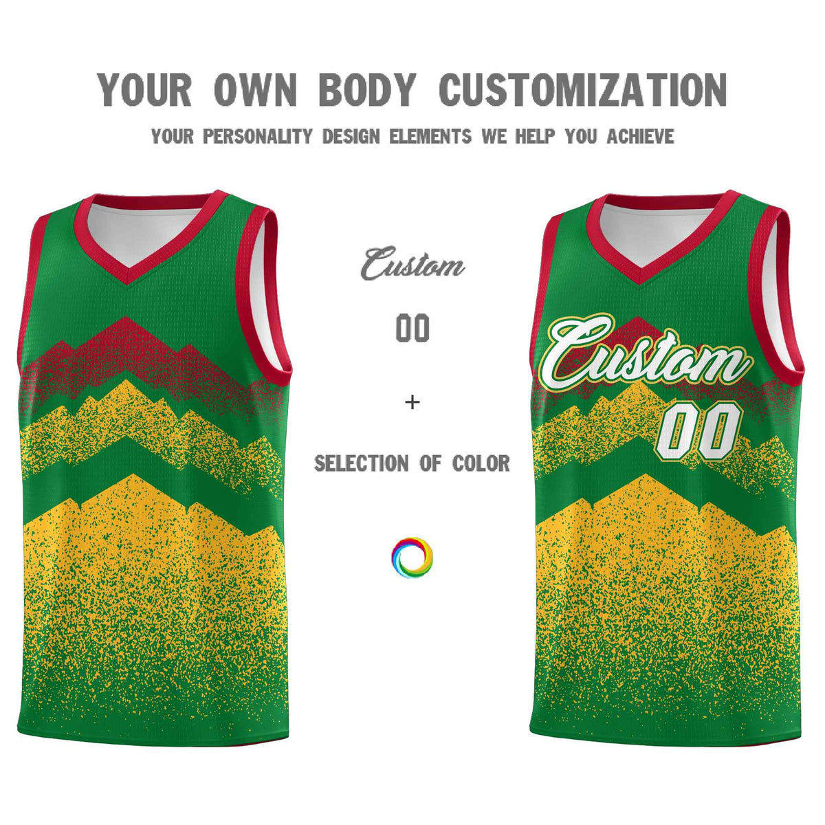 Custom Youth Basketball Jerseys Kelly Green Gold Gradient Mountain Design Uniforms