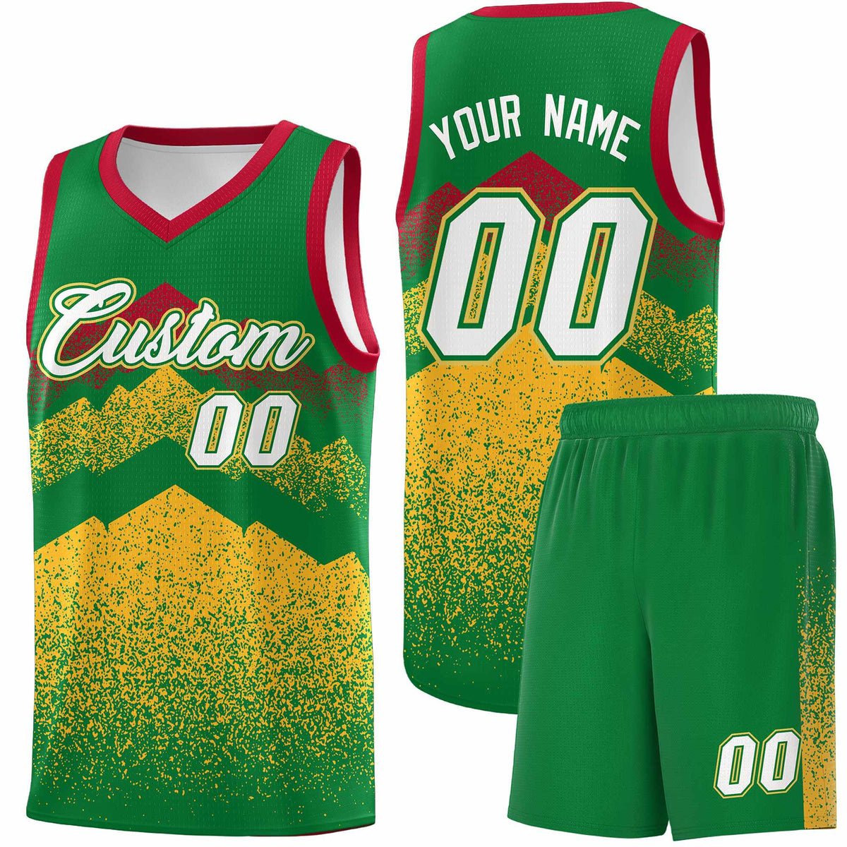 Custom Youth Basketball Jerseys Kelly Green Gold Gradient Mountain Design Uniforms