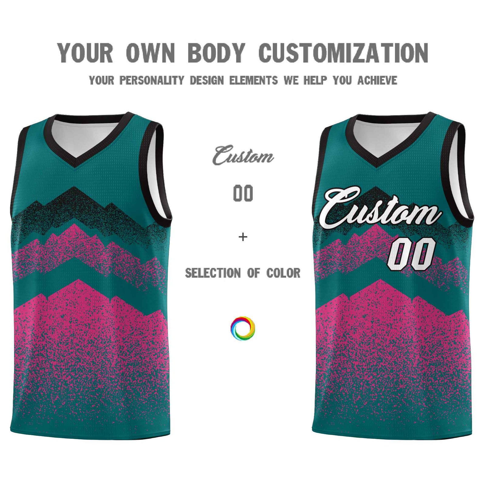 Custom Youth Basketball Jerseys Midnight Green Pink Gradient Mountain Design Uniforms