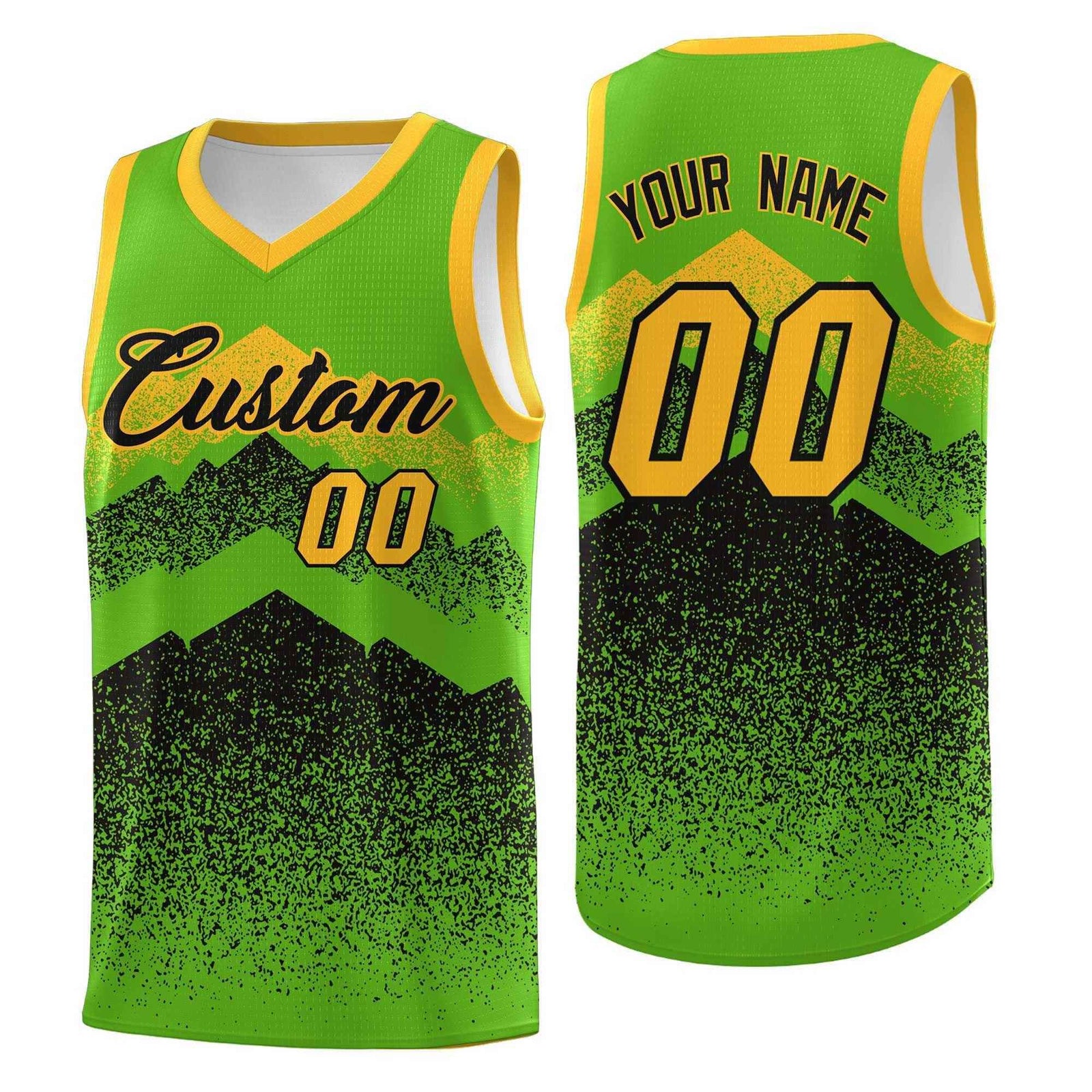 Custom Youth Basketball Jerseys Green Black Gradient Mountain Design Uniforms