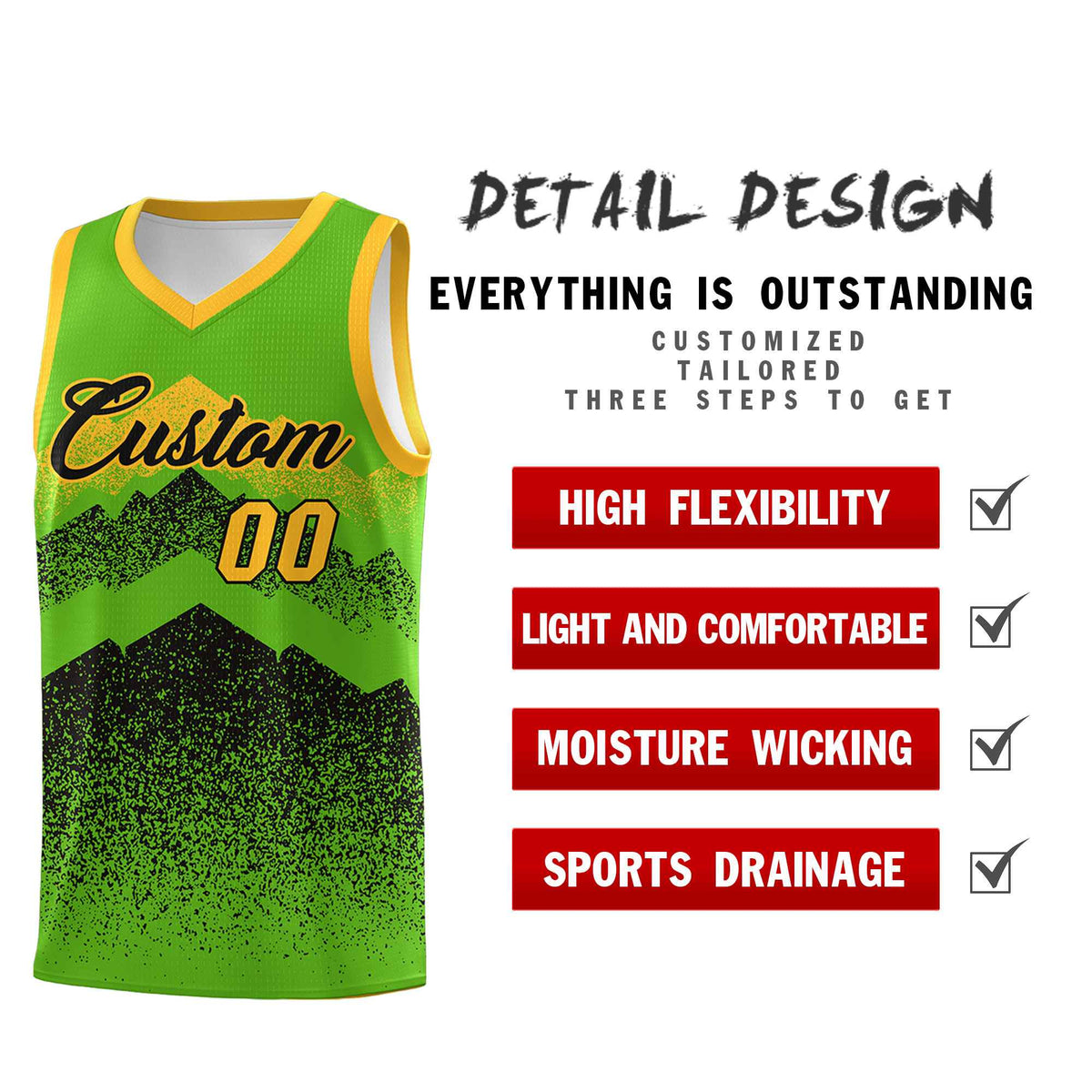 Custom Youth Basketball Jerseys Green Black Gradient Mountain Design Uniforms