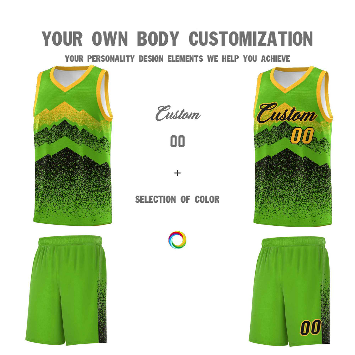 Custom Youth Basketball Jerseys Green Black Gradient Mountain Design Uniforms