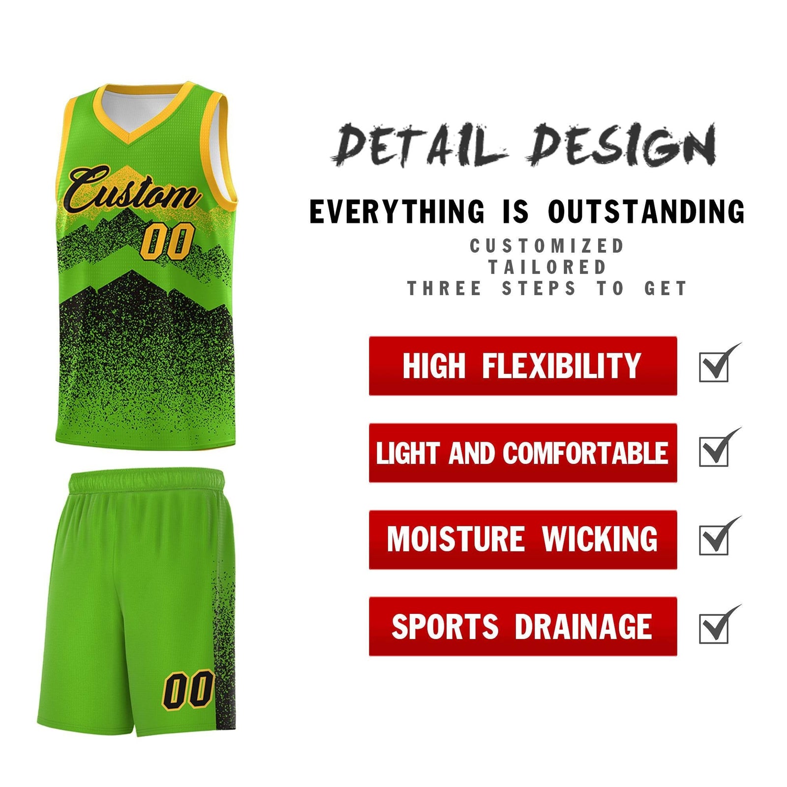 Custom Youth Basketball Jerseys Green Black Gradient Mountain Design Uniforms