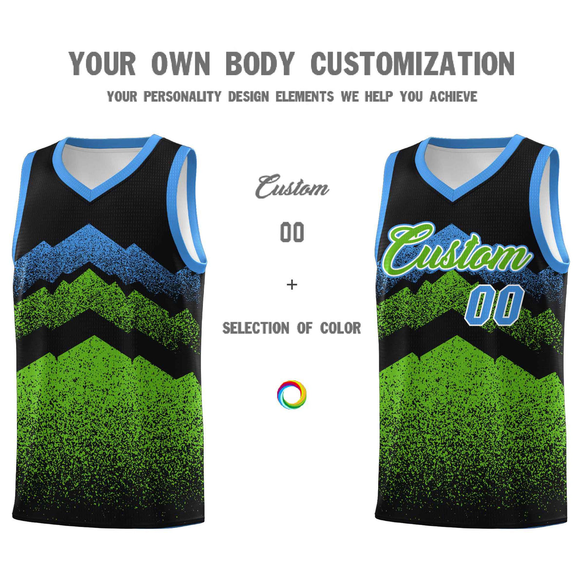 Personalized Youth Basketball Jerseys   Black Green Gradient Mountain Design Uniforms