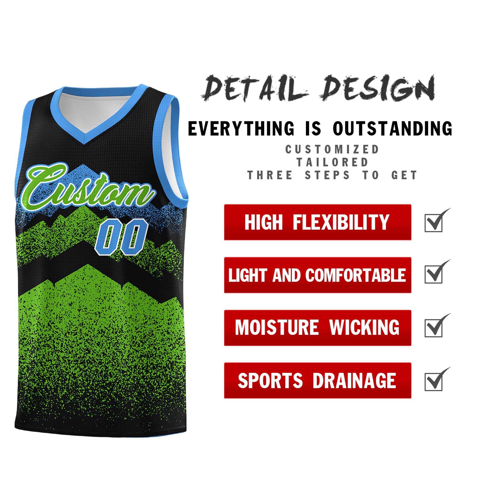 Personalized Youth Basketball Jerseys   Black Green Gradient Mountain Design Uniforms