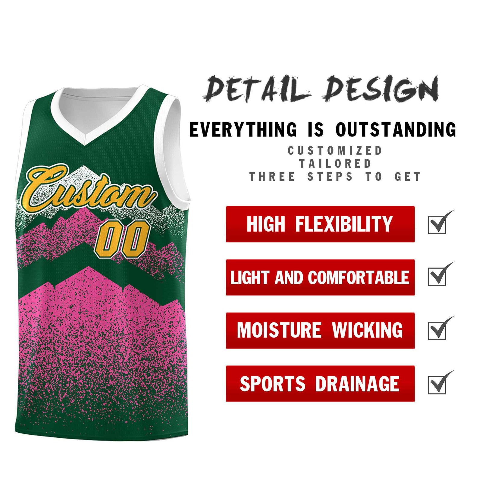 Custom Youth Basketball Jerseys Green Pink Gradient Mountain Design Uniforms