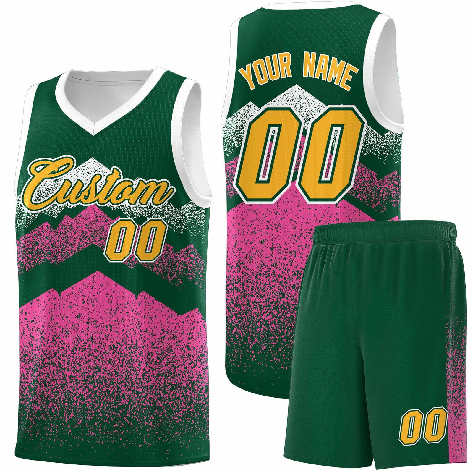 Custom Youth Basketball Jerseys Green Pink Gradient Mountain Design Uniforms