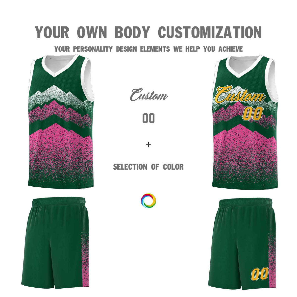 Custom Youth Basketball Jerseys Green Pink Gradient Mountain Design Uniforms