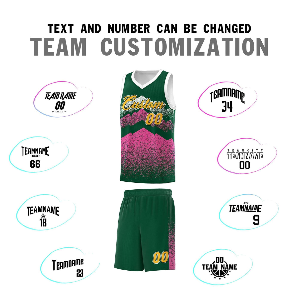 Custom Youth Basketball Jerseys Green Pink Gradient Mountain Design Uniforms