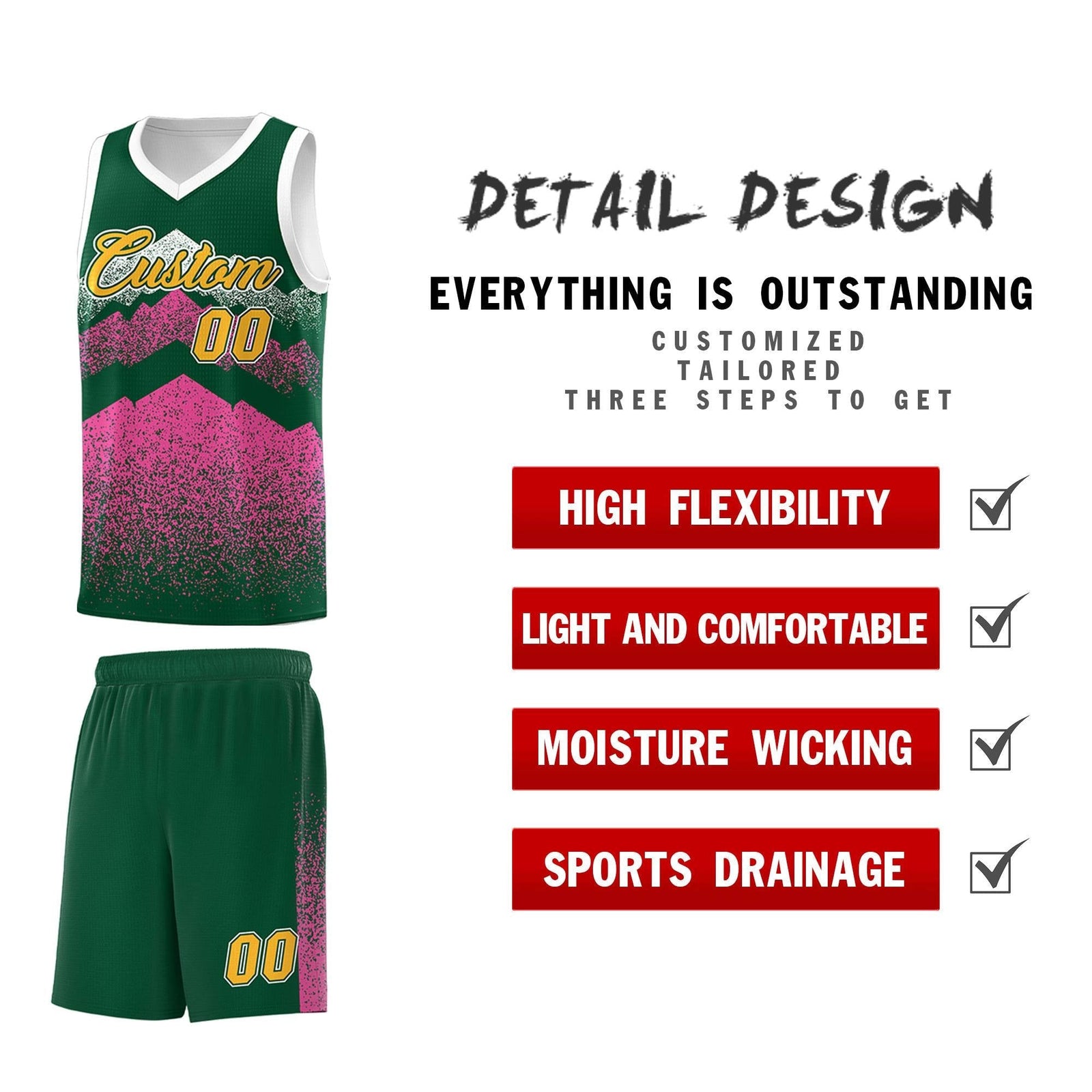 Custom Youth Basketball Jerseys Green Pink Gradient Mountain Design Uniforms