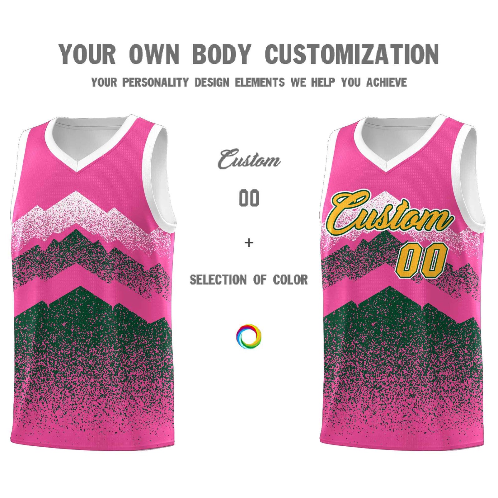 Personalized Youth Basketball Jerseys   Pink Green Gradient Mountain Design Uniforms
