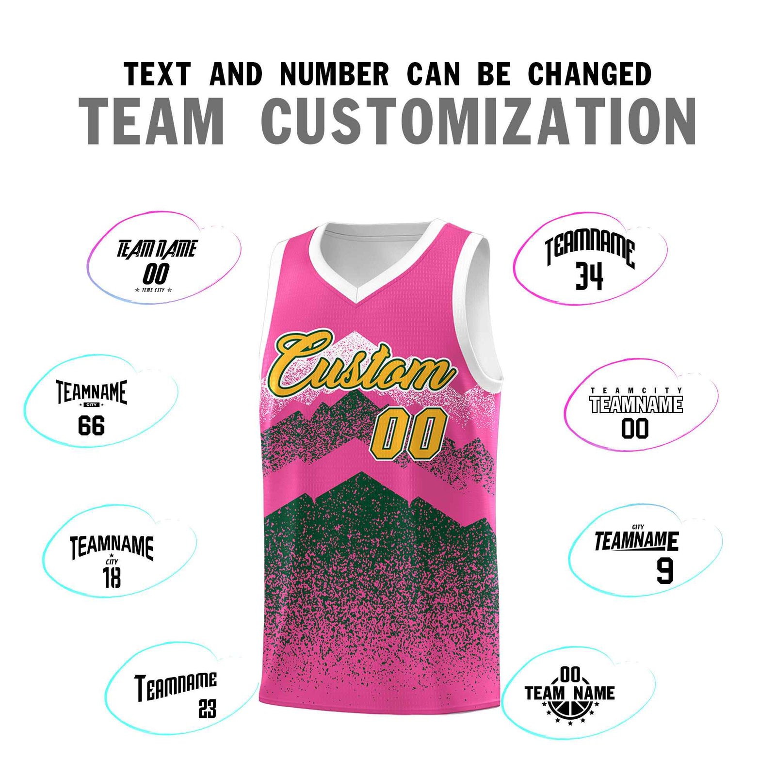 Personalized Youth Basketball Jerseys   Pink Green Gradient Mountain Design Uniforms