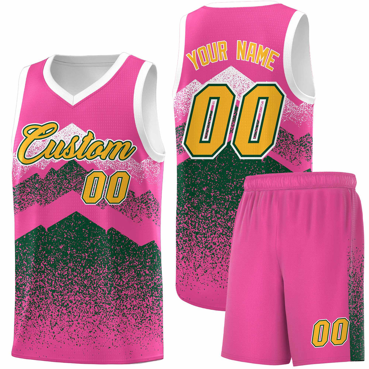 Personalized Youth Basketball Jerseys   Pink Green Gradient Mountain Design Uniforms