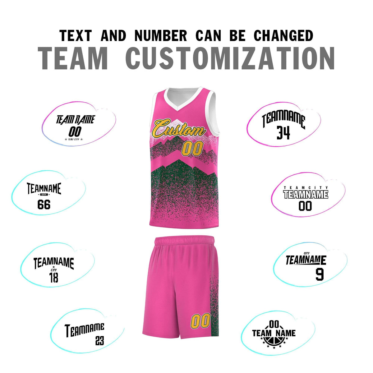 Personalized Youth Basketball Jerseys   Pink Green Gradient Mountain Design Uniforms