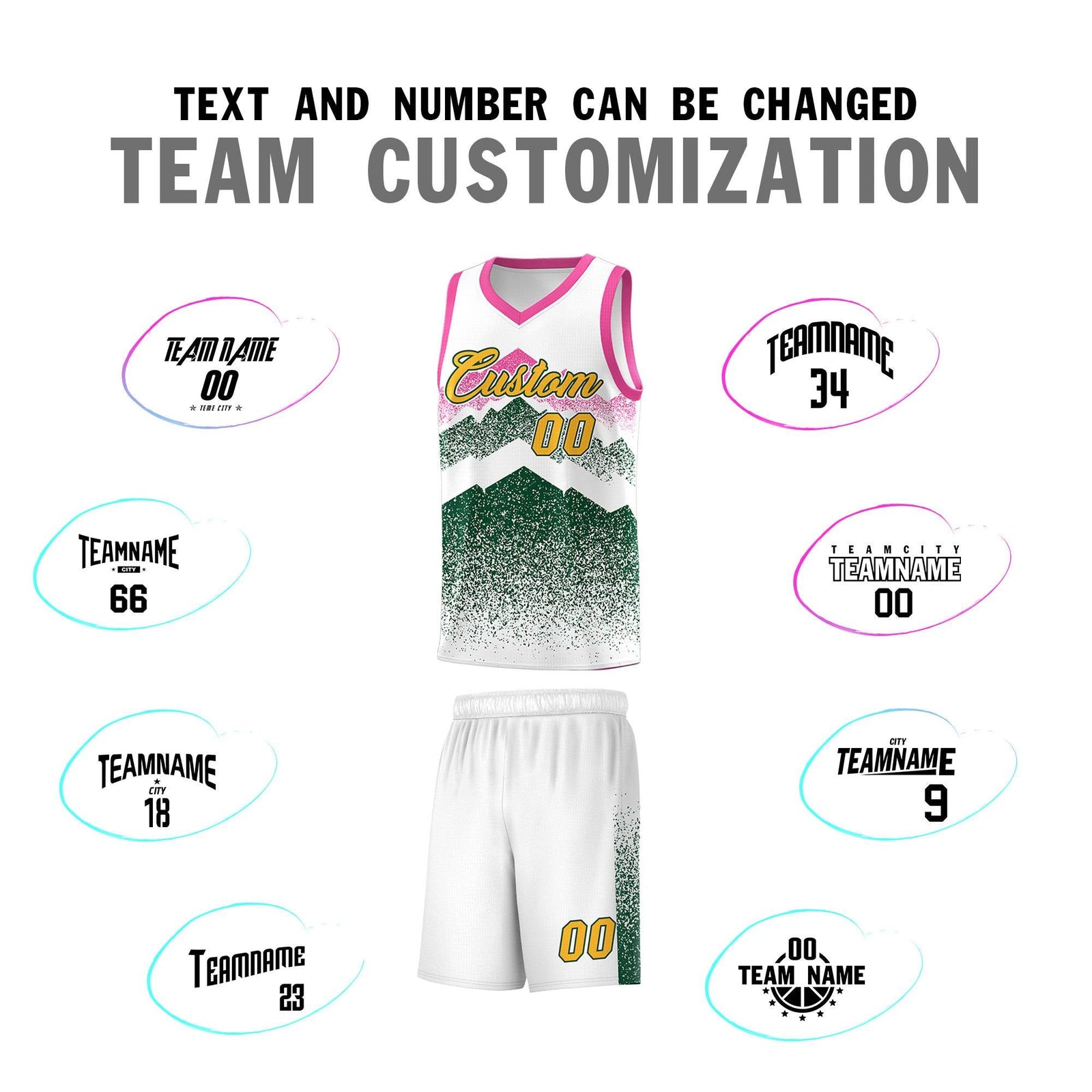Custom Youth Basketball Jerseys White Green Gradient Mountain Design Uniforms