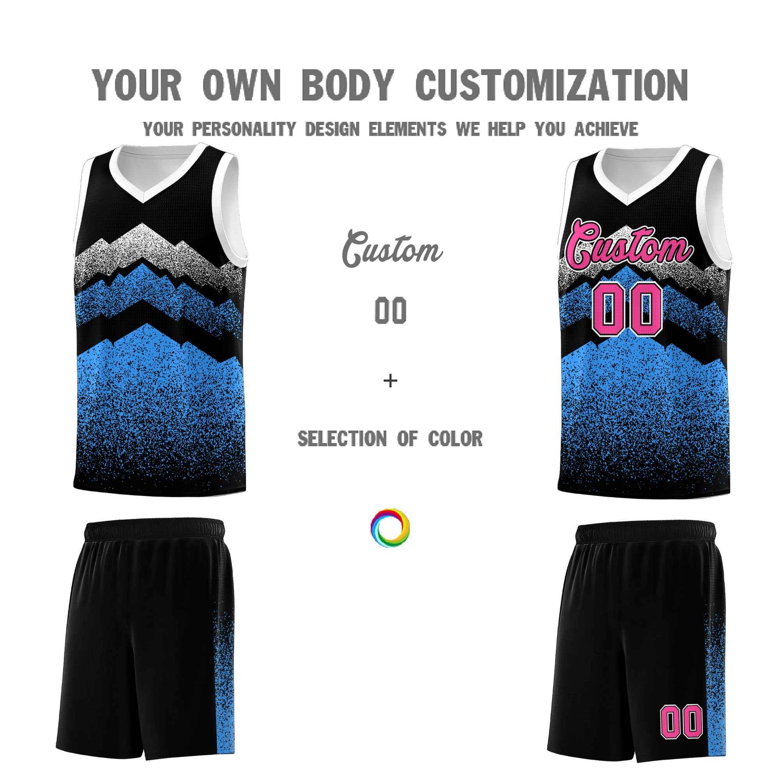 Personalized Youth Basketball Jerseys   Black Powder Blue Gradient Mountain Design Uniforms