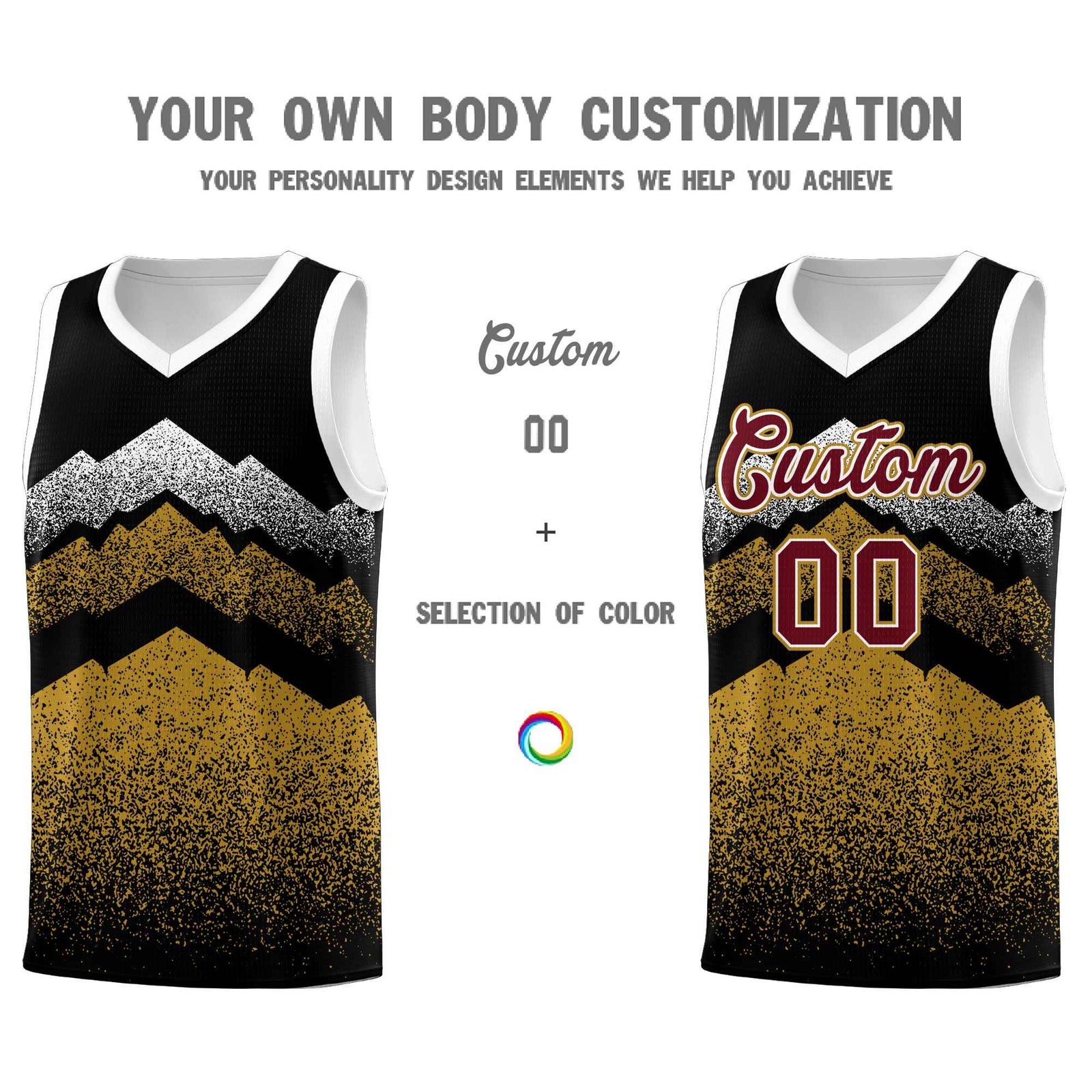 Custom Youth Basketball Jerseys Black Old Gold Gradient Mountain Design Uniforms