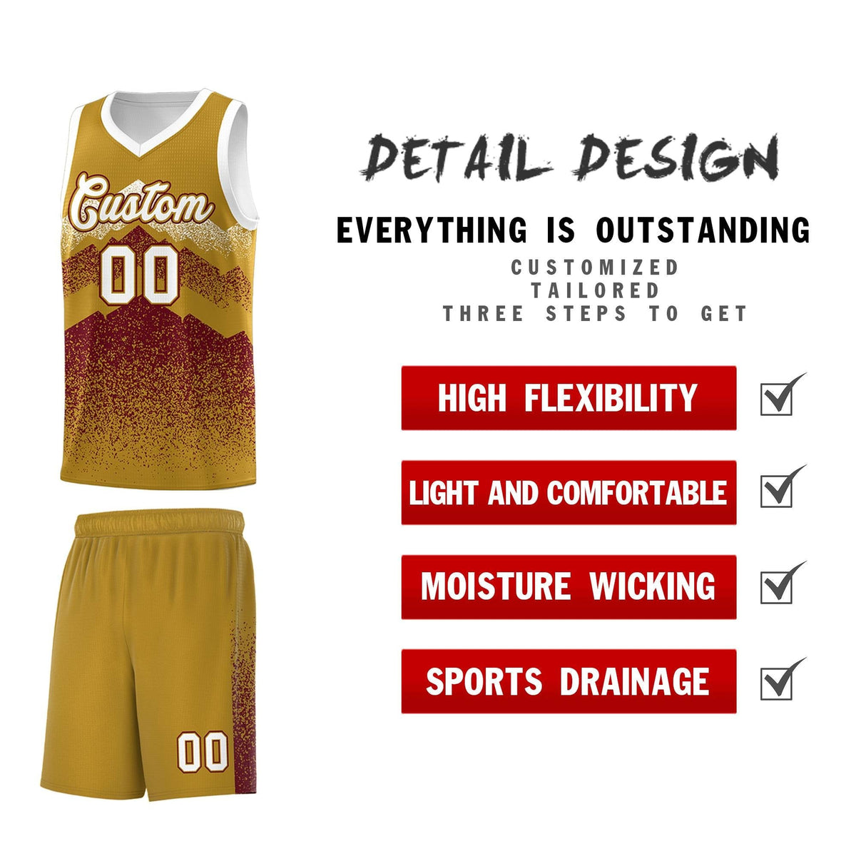 Custom Youth Basketball Jerseys Old Gold Crimson Gradient Mountain Design Uniforms