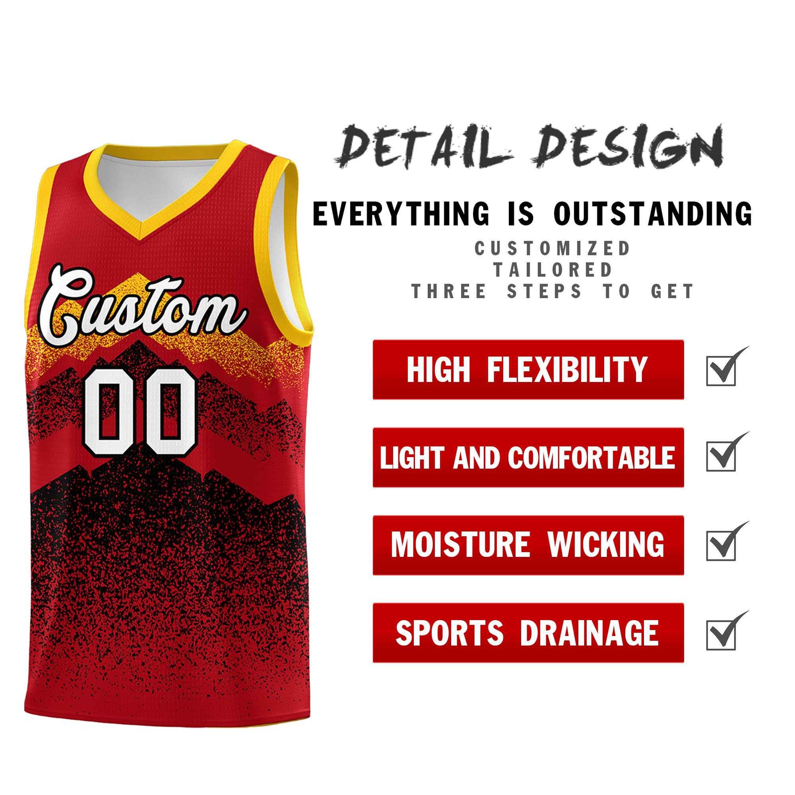 Custom Youth Basketball Jerseys Red Black Gradient Mountain Design Uniforms