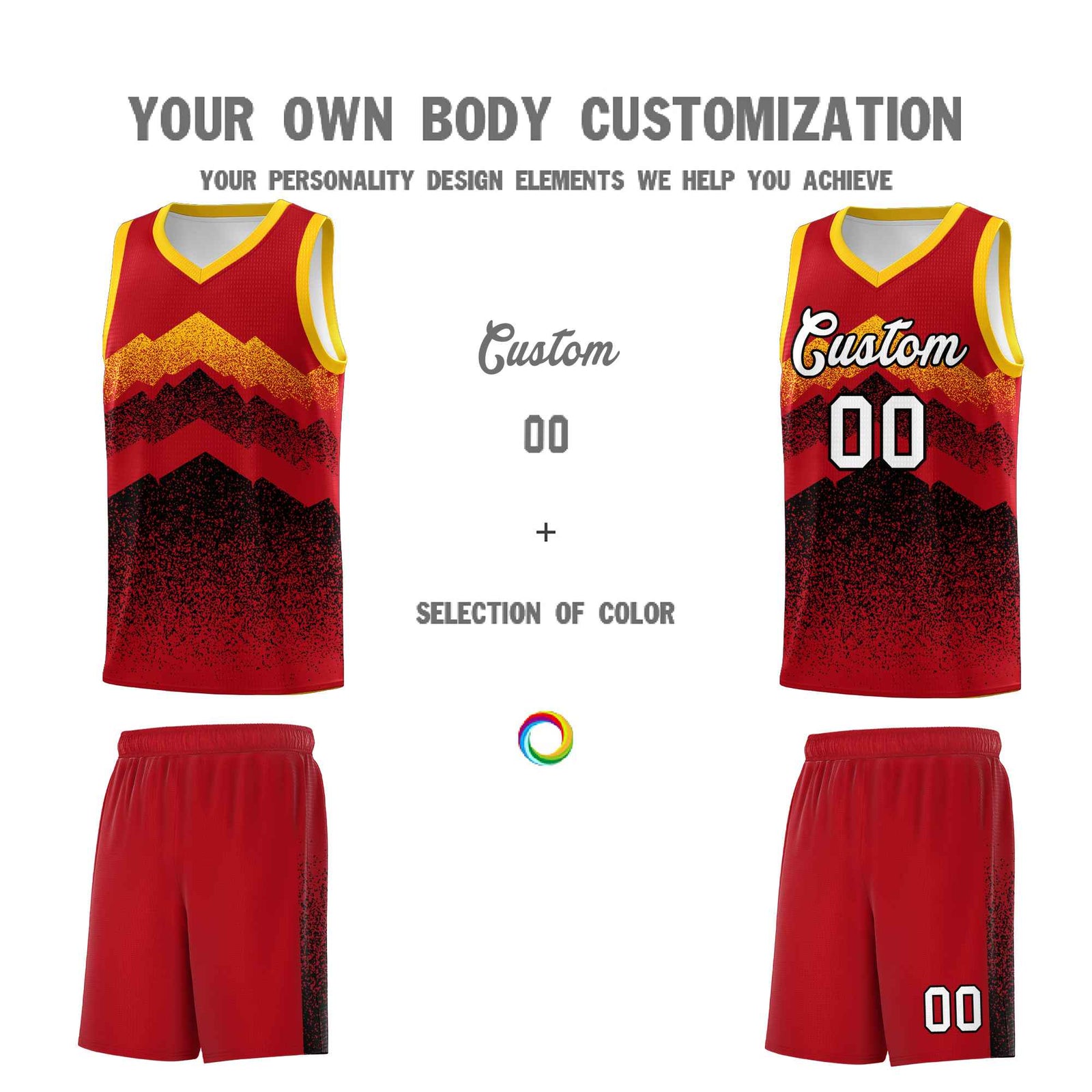 Custom Youth Basketball Jerseys Red Black Gradient Mountain Design Uniforms