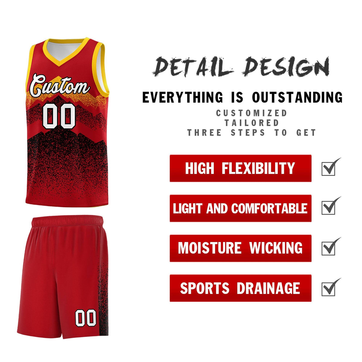 Custom Youth Basketball Jerseys Red Black Gradient Mountain Design Uniforms
