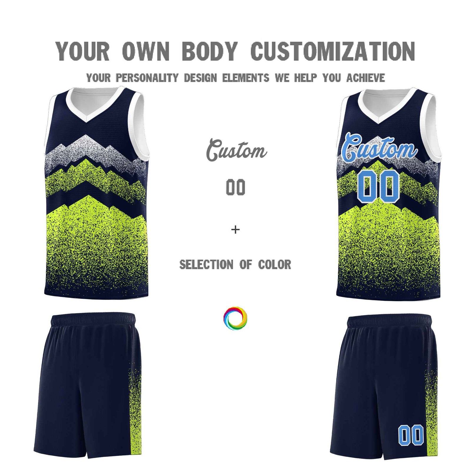 Personalized Youth Basketball Jerseys   Navy Neon Green Gradient Mountain Design Uniforms