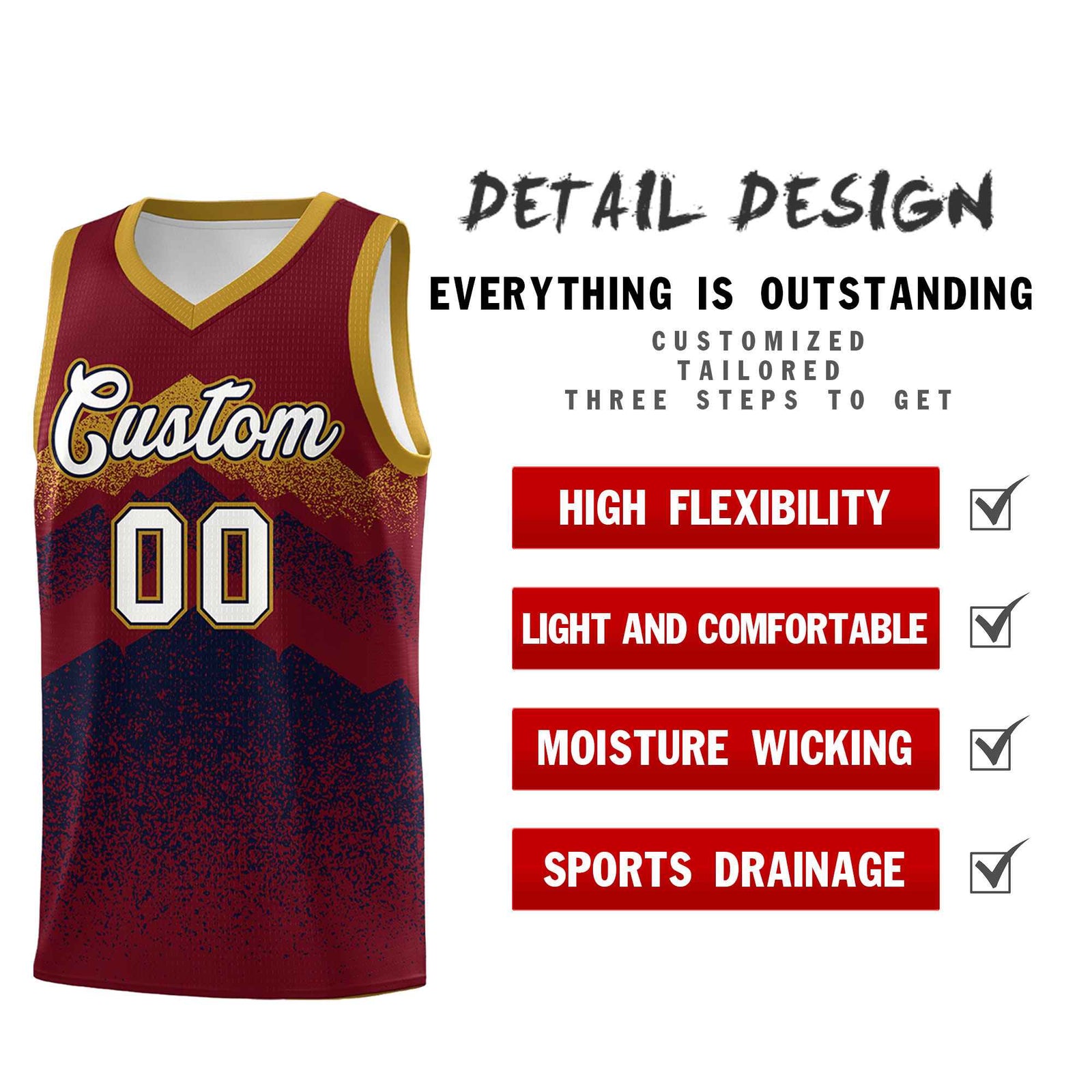 Custom Youth Basketball Jerseys Crimson Navy Gradient Mountain Design Uniforms