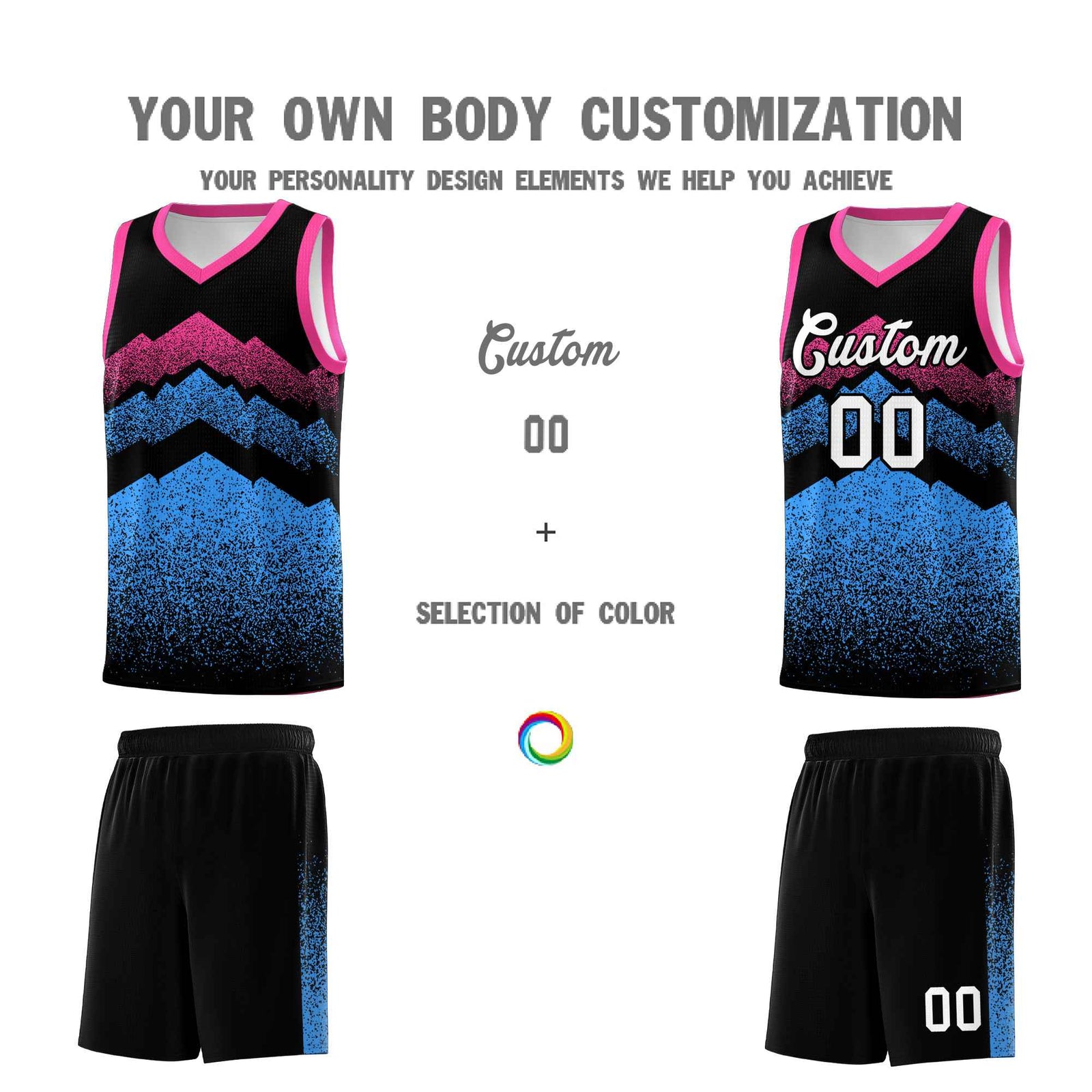 Custom Youth Basketball Jerseys Black Powder Blue Gradient Mountain Design Uniforms