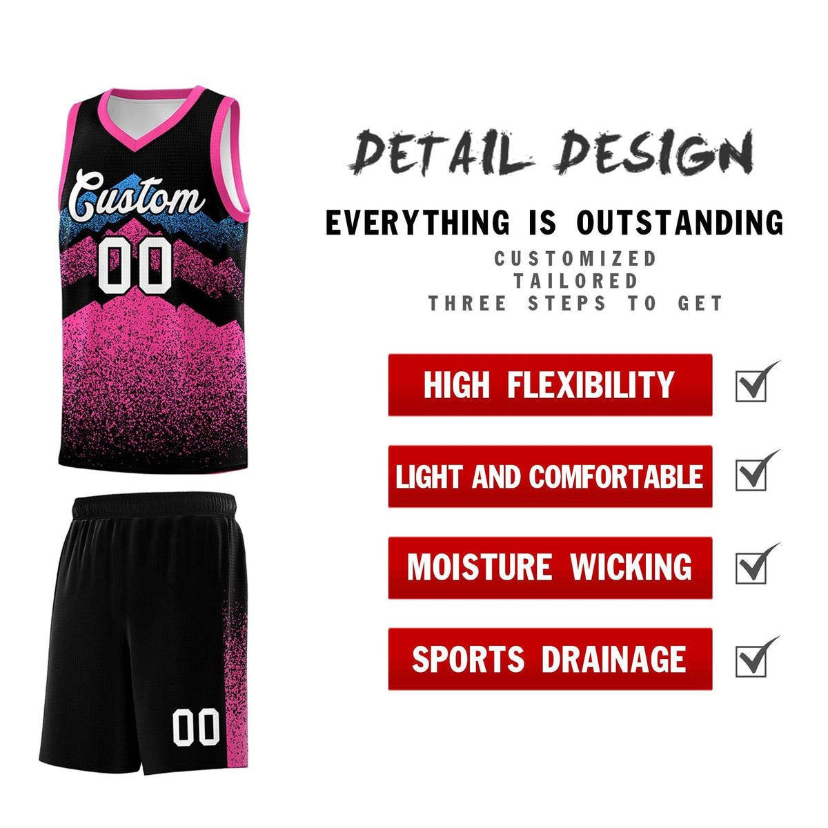 Personalized Youth Basketball Jerseys   Black Pink Gradient Mountain Design Uniforms