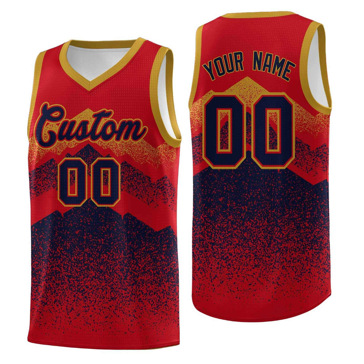 Personalized Youth Basketball Jerseys   Red Navy Gradient Mountain Design Uniforms