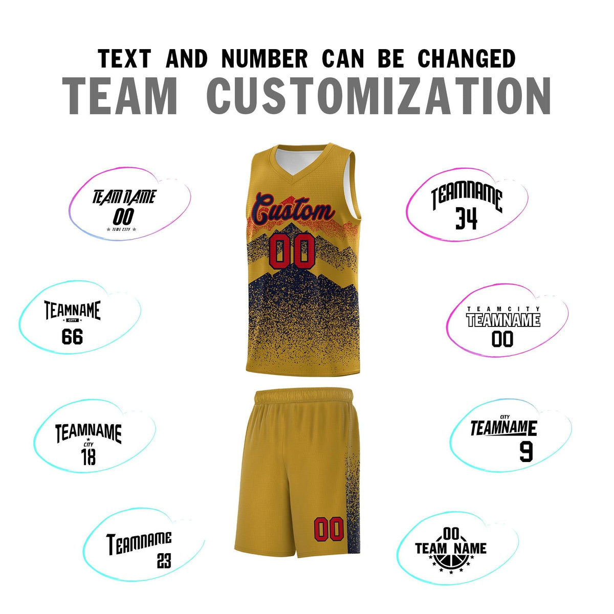 Personalized Youth Basketball Jerseys   Old Gold Navy Gradient Mountain Design Uniforms