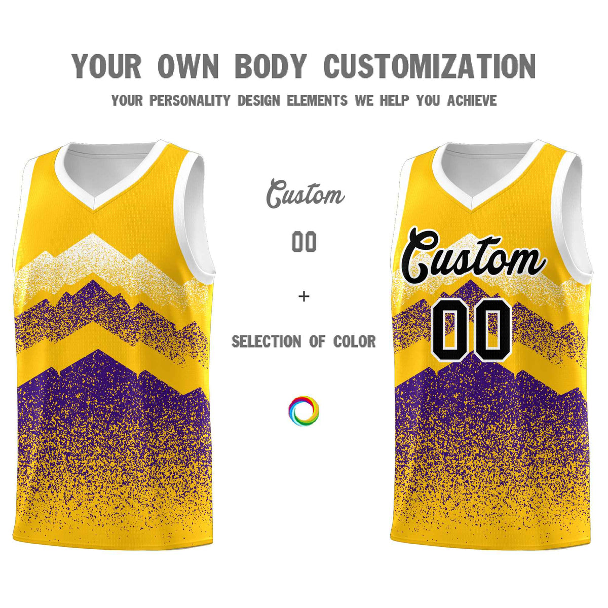 Custom Youth Basketball Jerseys Gold Purple Gradient Mountain Design Uniforms