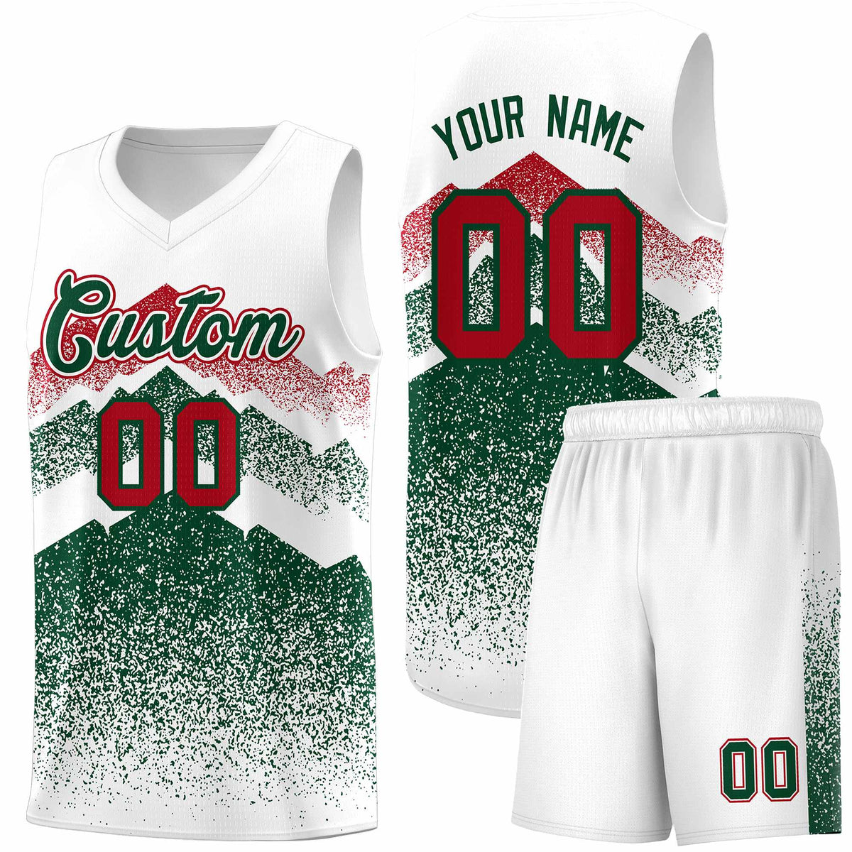 Custom Youth Basketball Jerseys White Green Gradient Mountain Design Uniforms