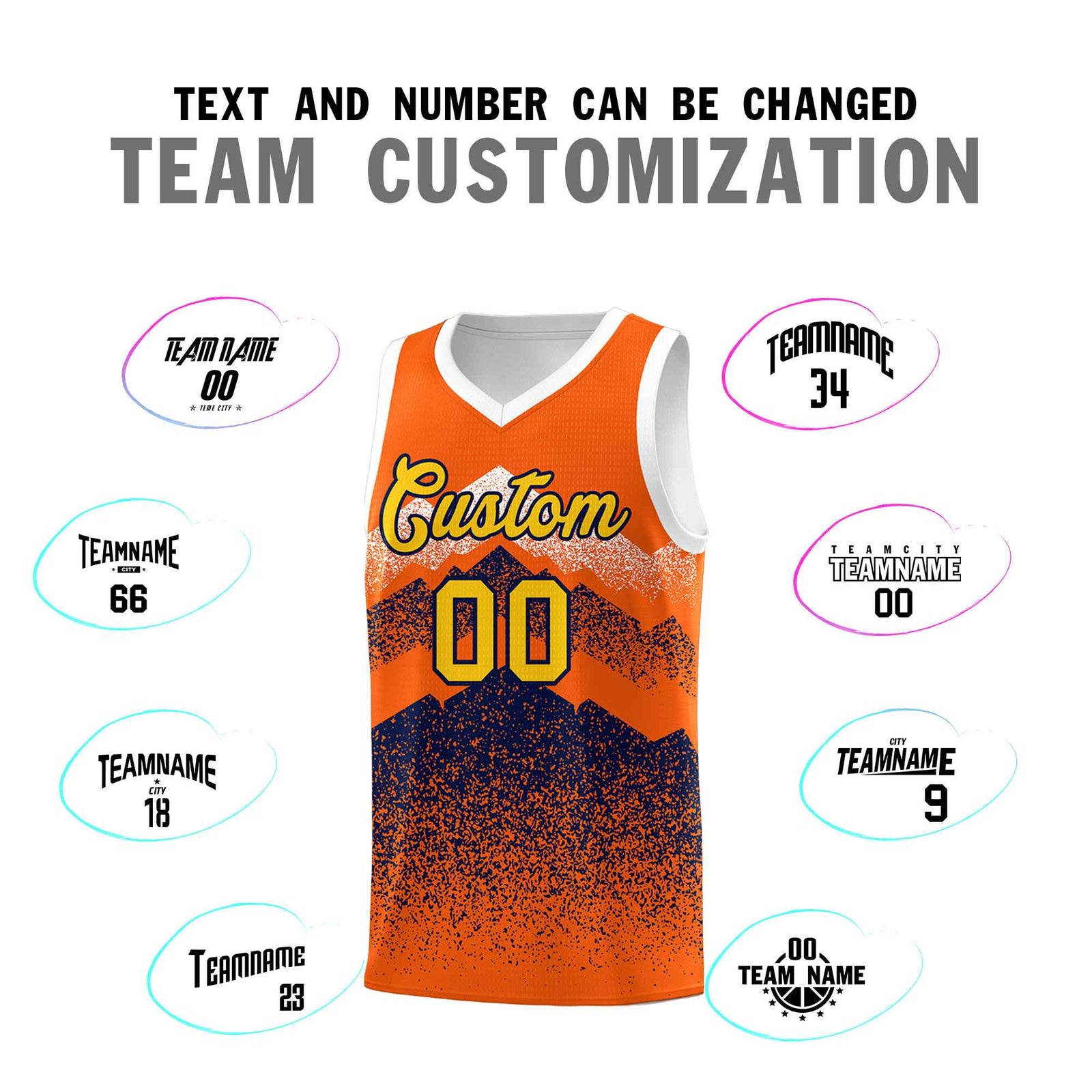 Custom Youth Basketball Jerseys Orange Navy Gradient Mountain Design Uniforms