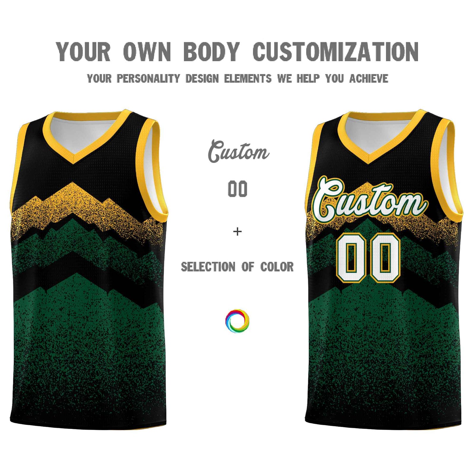 Custom Youth Basketball Jerseys Black Green Gradient Mountain Design Uniforms
