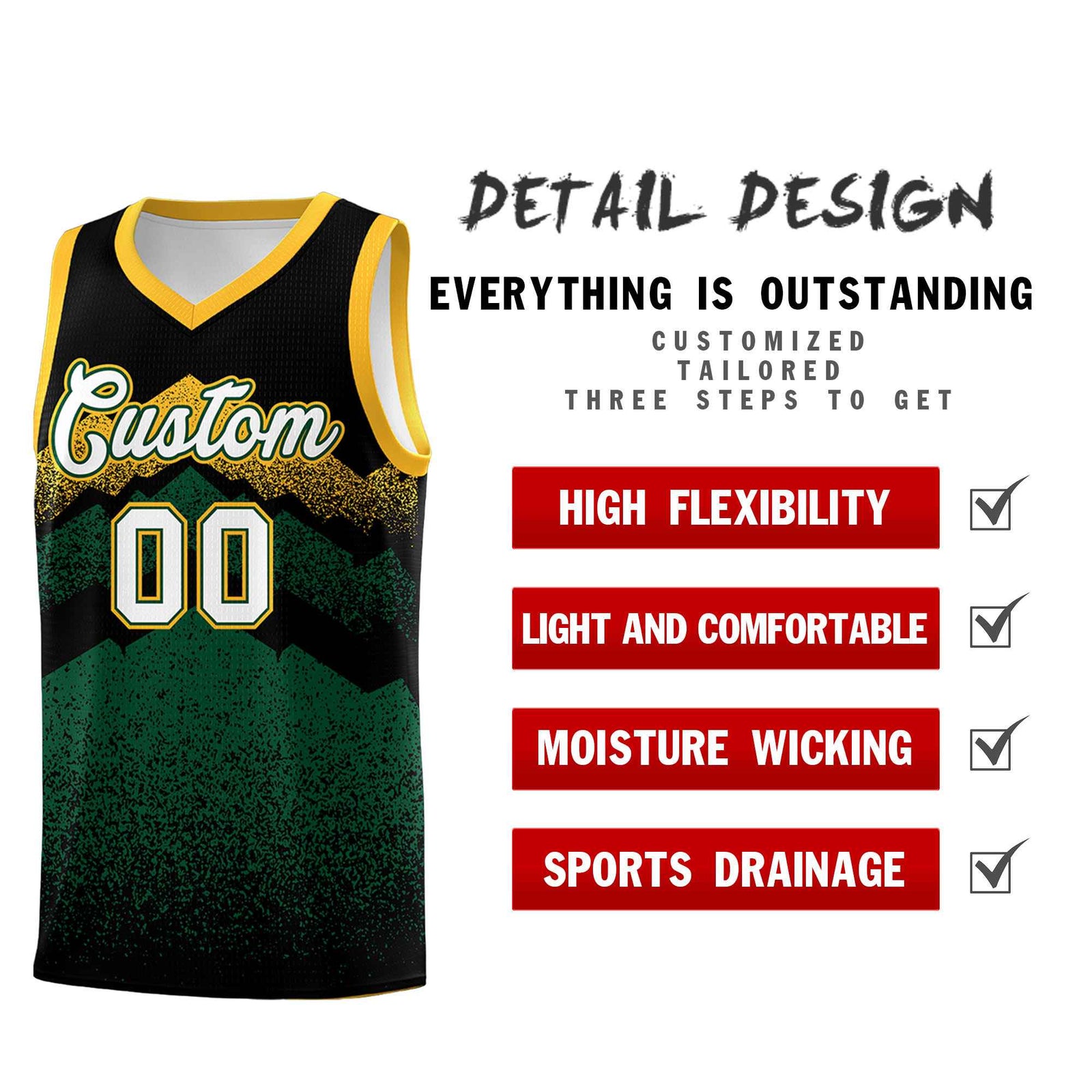 Custom Youth Basketball Jerseys Black Green Gradient Mountain Design Uniforms