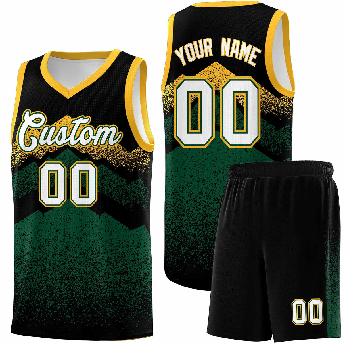 Custom Youth Basketball Jerseys Black Green Gradient Mountain Design Uniforms
