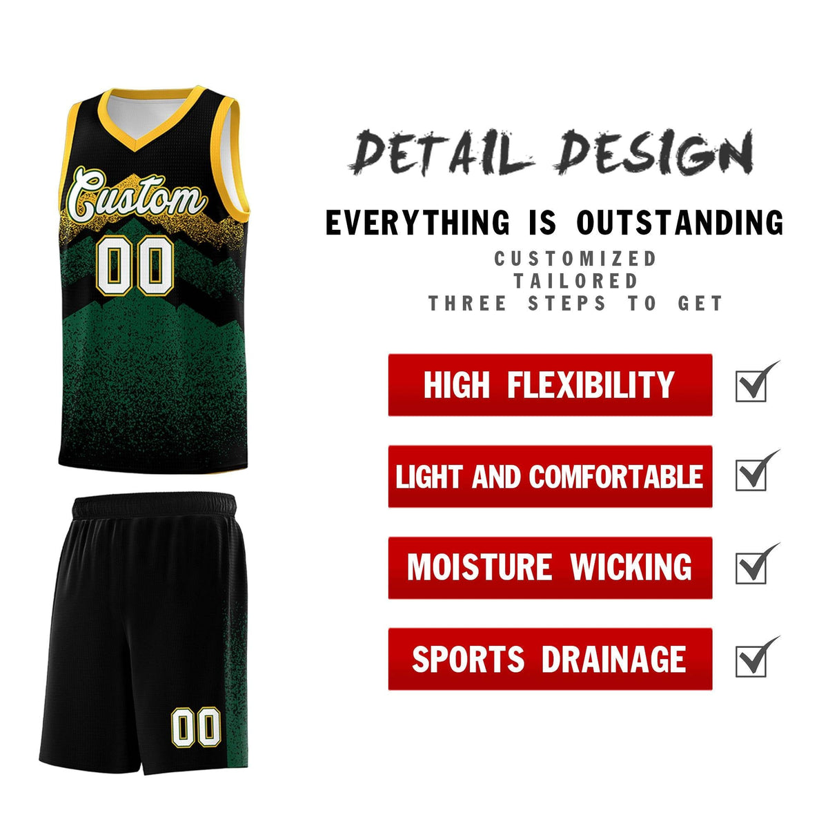 Custom Youth Basketball Jerseys Black Green Gradient Mountain Design Uniforms