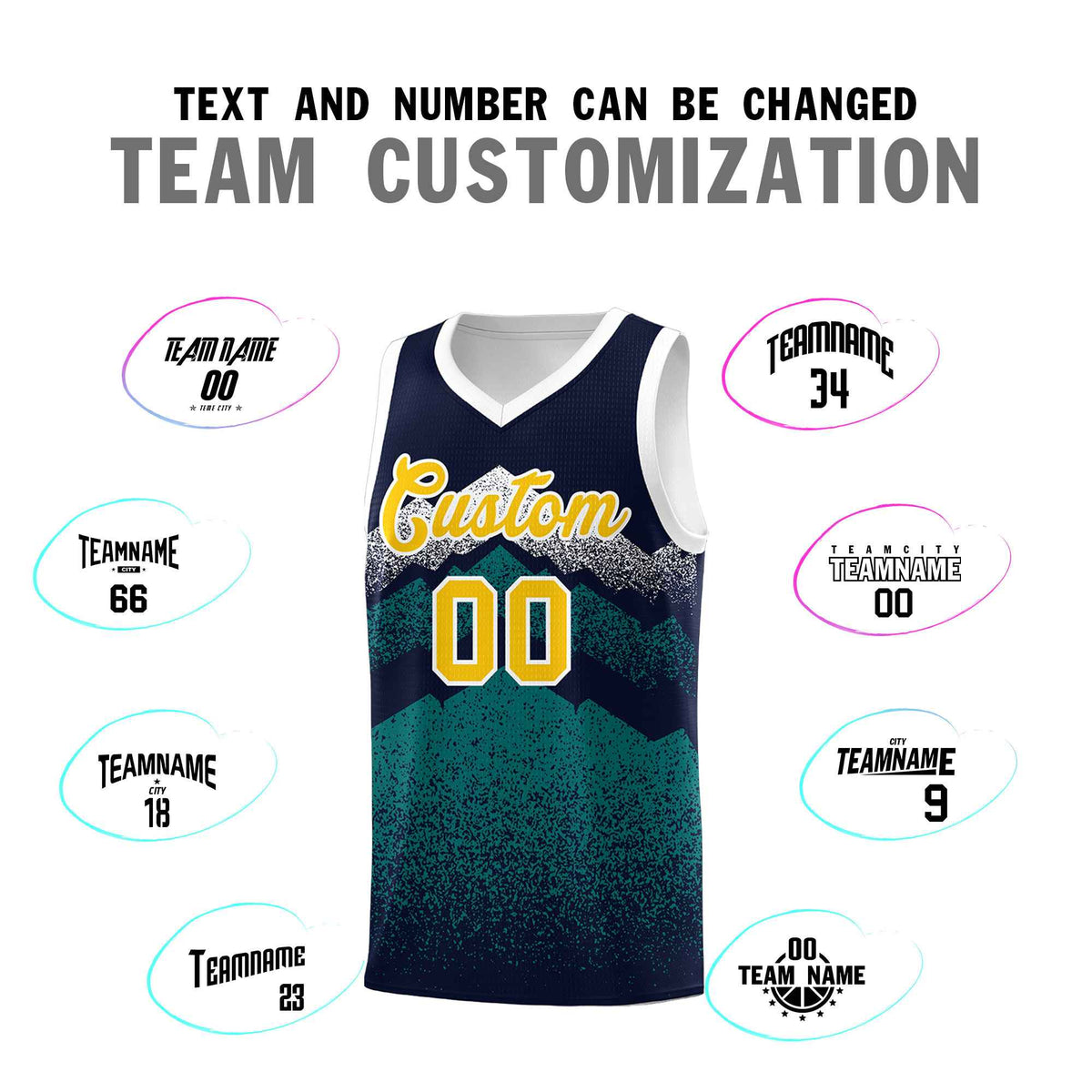 Custom Youth Basketball Jerseys Navy Teal Gradient Mountain Design Uniforms