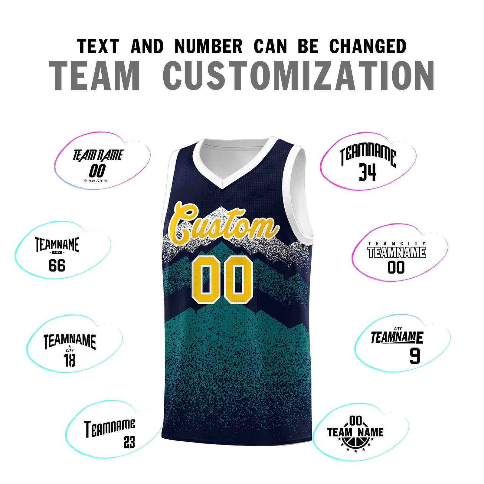 Custom Youth Basketball Jerseys Navy Teal Gradient Mountain Design Uniforms