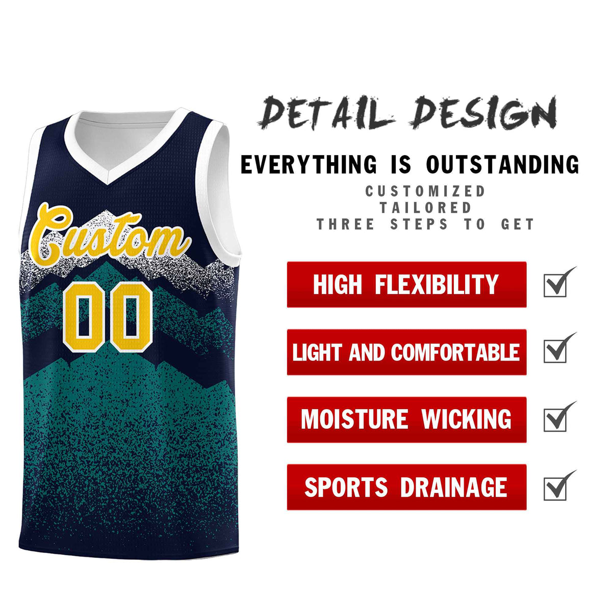 Custom Youth Basketball Jerseys Navy Teal Gradient Mountain Design Uniforms